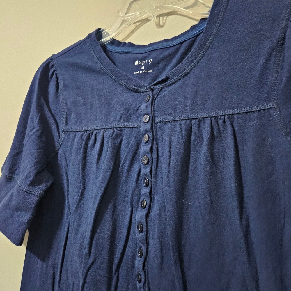 Apt 9 Womens Navy Blue Short Sleeve Button Front Henley Knit Top Size M